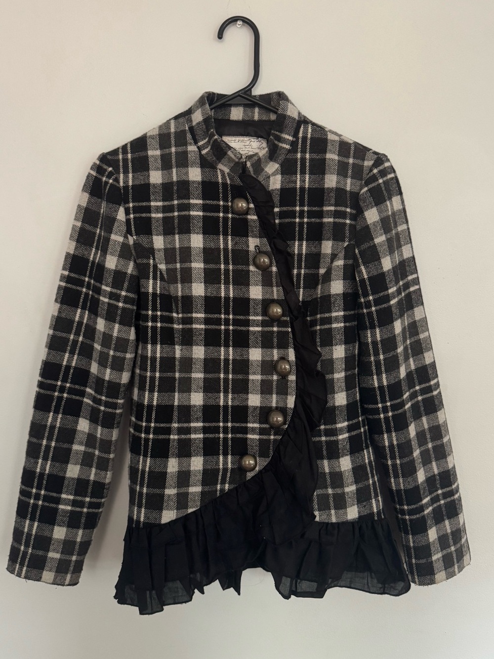 Kensie Black and White Plaid Ruffle-Trim Jacket with Asymmetrical Button Closure